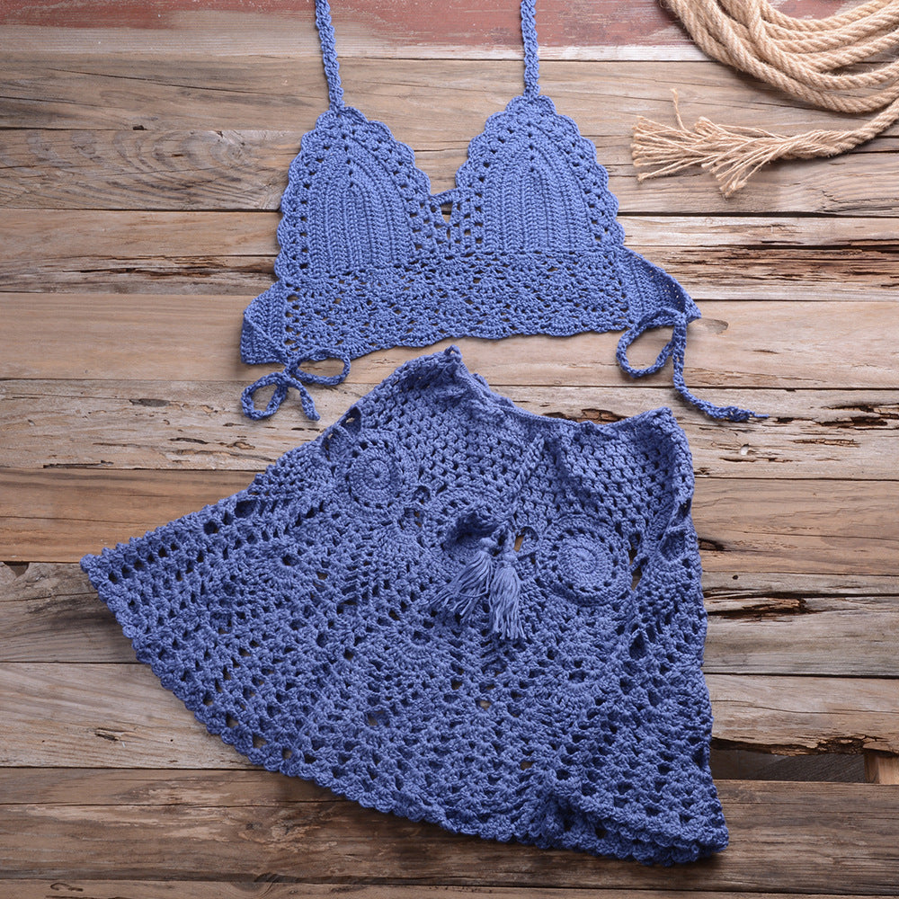 Hand Crocheting Bikini Wrapped Chest with Sexy All-Matching Hollow Out Cutout Pleated Skirt Split Swimsuit Bella Mia